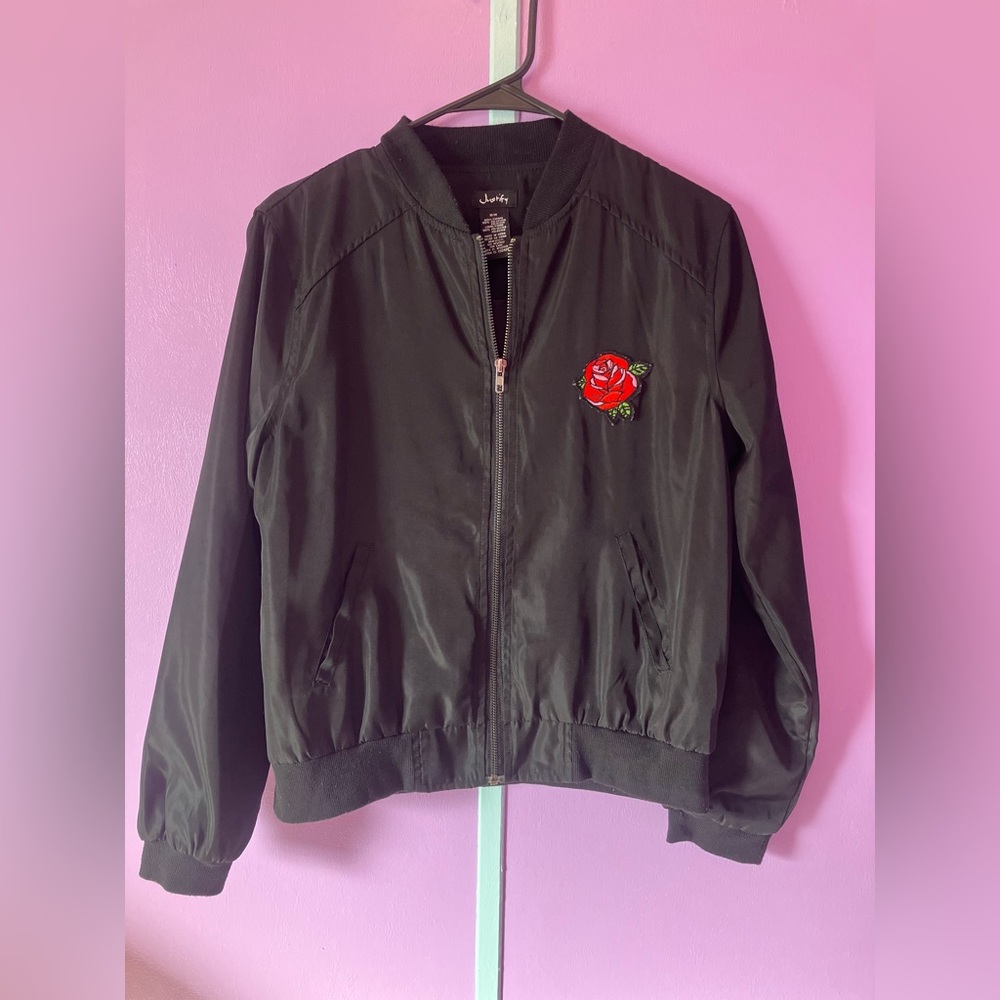 Justify Rose Embroidered Black Satin Bomber Jacket